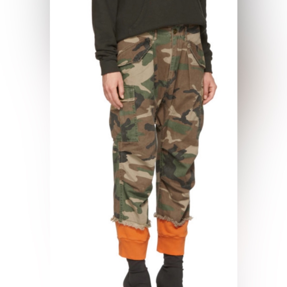 R13 camo harem cargo with orange sweat cuffs Size 26; drop crotch